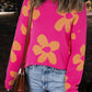 Rose Big Flower Pattern Mock Neck Long Sleeve Sweater