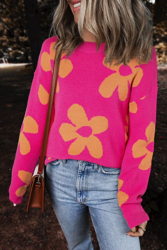 Rose Big Flower Pattern Mock Neck Long Sleeve Sweater