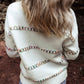 White Colorful Crossed Stitch Drop Shoulder Sweater