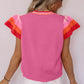 Bright Pink Contrast Flutter Sleeves Knitted Sweater T Shirt