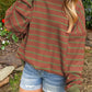 Brown Stripe Trimmed Round Neck Drop Shoulder Loose Sweater