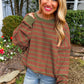 Brown Stripe Trimmed Round Neck Drop Shoulder Loose Sweater