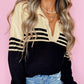 Black Colorblock Stripe Collared V Neck Sweater