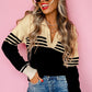 Black Colorblock Stripe Collared V Neck Sweater