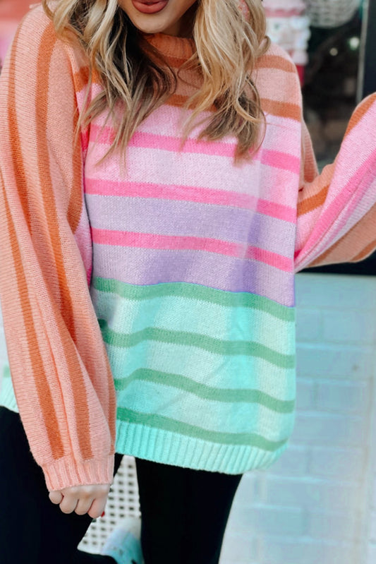 Multicolour Gradient Striped Ribbed Edge Loose Sweater