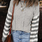 Grey Stripe Geometric Textured Drop Shoulder Sweater