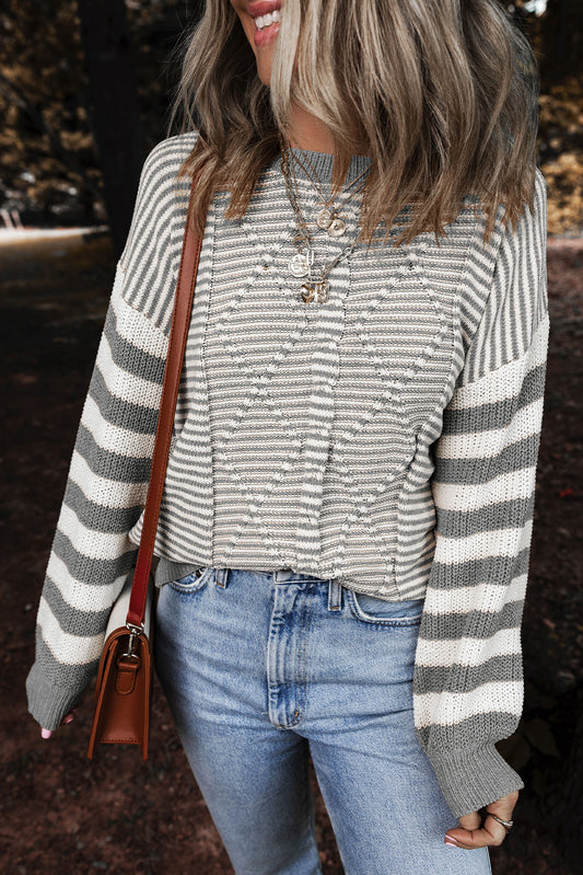 Grey Stripe Geometric Textured Drop Shoulder Sweater