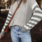 Grey Stripe Geometric Textured Drop Shoulder Sweater