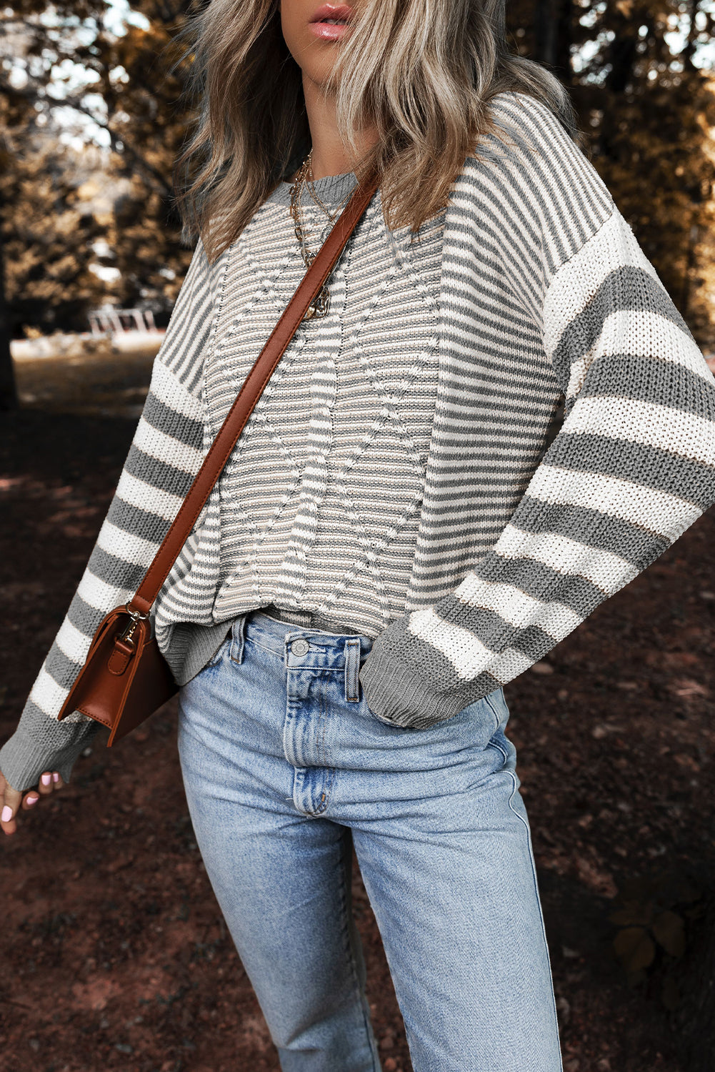 Grey Stripe Geometric Textured Drop Shoulder Sweater