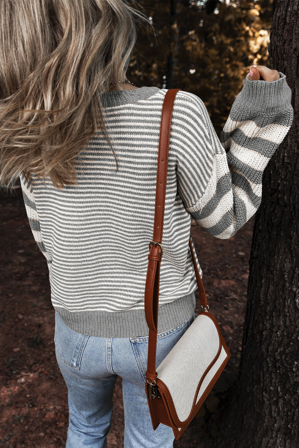 Grey Stripe Geometric Textured Drop Shoulder Sweater