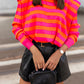 Rose Stripe Shoulder Pad Round Neck Sweater