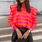 Rose Stripe Shoulder Pad Round Neck Sweater