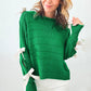 Bright Green Bow Knot Cut Out Round Neck Loose Sweater