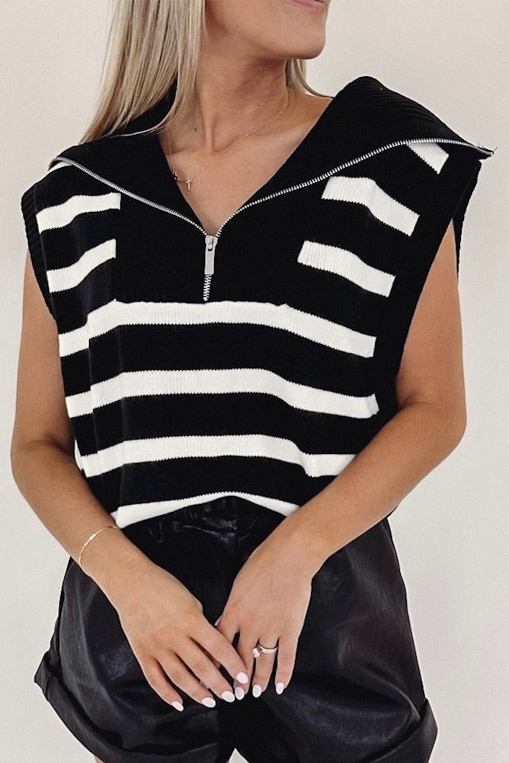 Black Stripe Zipped Collar Knit Sweater Tank