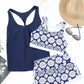 Blue 3pcs Printed Sporty Racerback Tankini Swimsuit