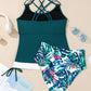 Sea Green Drawstring Tummy Control Mix-and-match 2pcs Tankini Swimsuit