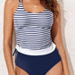 Blue Stripe Drawstring Tummy Control Mix-and-match 2pcs Tankini Swimsuit