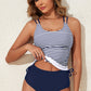 Blue Stripe Drawstring Tummy Control Mix-and-match 2pcs Tankini Swimsuit