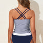 Blue Stripe Drawstring Tummy Control Mix-and-match 2pcs Tankini Swimsuit