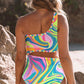 Multicolor Abstract Swirl Print Asymmetric Cutout One Piece Swimsuit