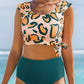 Green Leopard Print U Neck Knotted High Waist Bikini Set