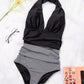 Black Halter Neck Retro Stripe Cute One-piece Swimsuit