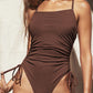 Coffee Ribbed Drawstring Sides Cutout One Piece Swimsuit