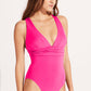 Rose Red Deep V Neck Crossover Backless Ruched High Cut Monokini