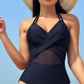 Navy Blue Halter Mesh Insert Cross Front One-Piece Swimsuit