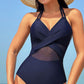 Navy Blue Halter Mesh Insert Cross Front One-Piece Swimsuit