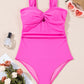 Bright Pink Cut out Twist Bowknot Backless One Piece Swimsuit