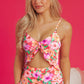 Red Floral Ruffle Trim Cutout Knotted One Piece Swimsuit