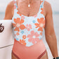 Orange Floral Patchwork Backless One Piece Swimsuit