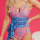 Blue Geometric Print Hollow Out Knotted Waist One Piece Swimsuit