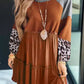 Brown Waffle Knit Leopard Patchwork Long Sleeve Dress