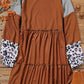 Brown Waffle Knit Leopard Patchwork Long Sleeve Dress