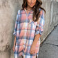 Pink Plaid Roll-tab Sleeve Side Slit Shirt Dress