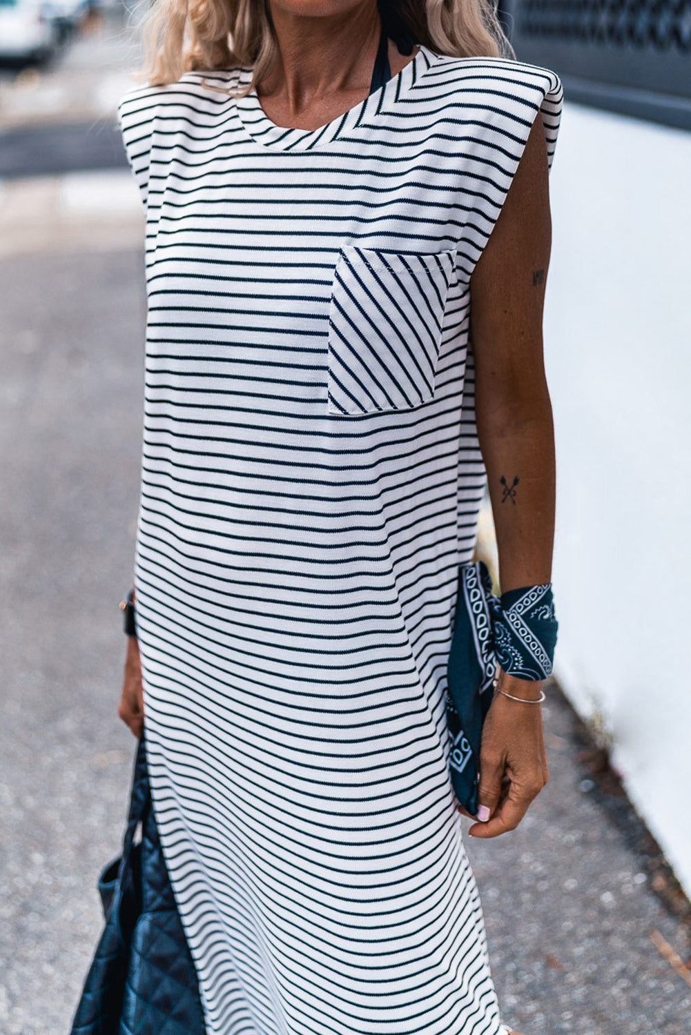 Black Stripe Chest Pocket Shoulder Padded Sleeveless Long Dress