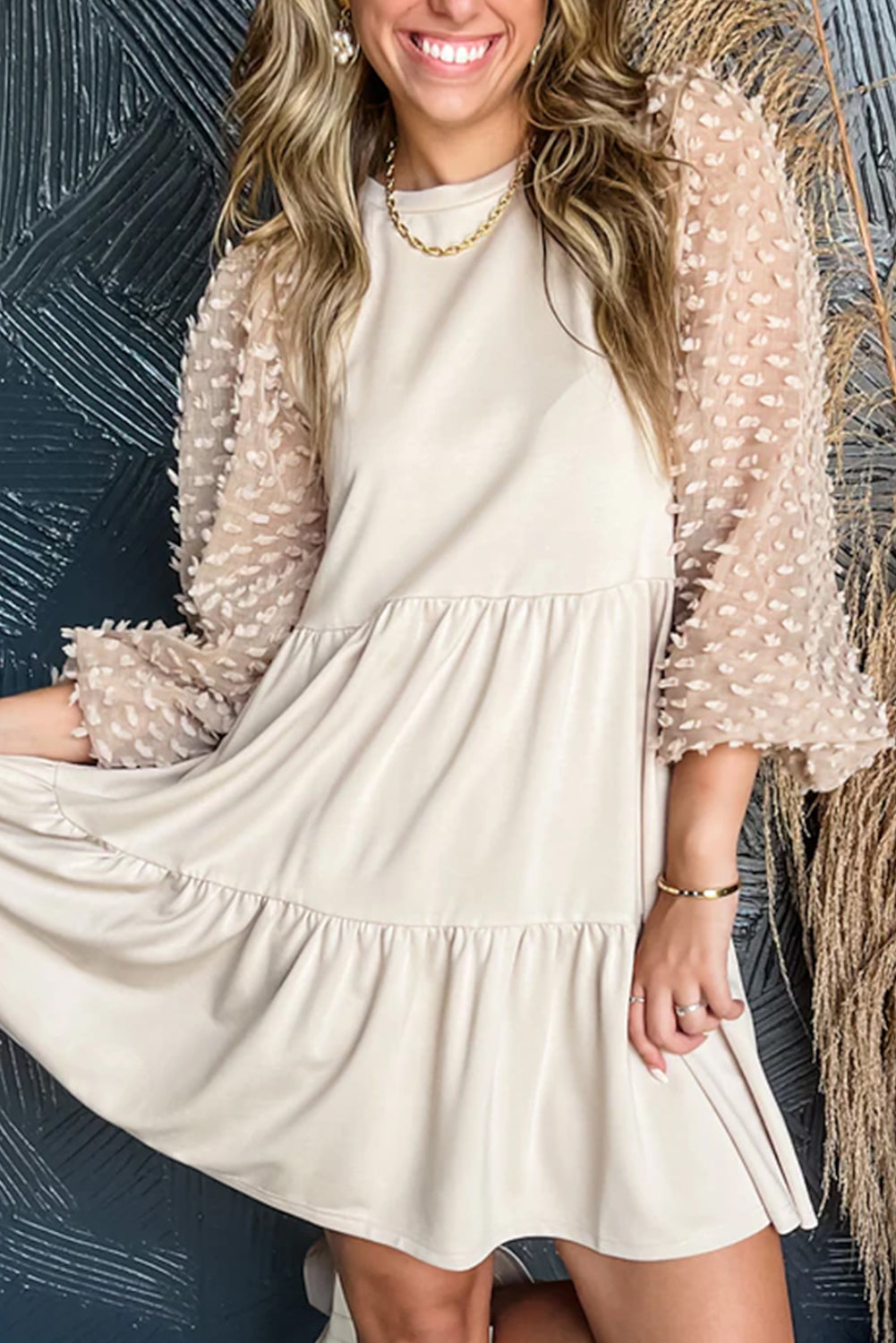 Embellished Puff Sleeve Tiered A-line Dress