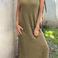 Jungle Green Waffle Knit Sleeveless Long Dress with Slits