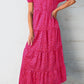 Rose Red Flower Mock Neck Puff Sleeve Tiered Maxi Dress