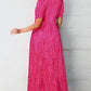 Rose Red Flower Mock Neck Puff Sleeve Tiered Maxi Dress