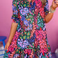 Blue Fashion Print Smocked Half Sleeve Dress