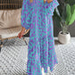 Sky Blue Abstract Print Puff Sleeve Tied Notched Neck Long Dress