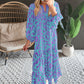 Sky Blue Abstract Print Puff Sleeve Tied Notched Neck Long Dress