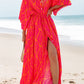 Orange Leafy Print 3/4 Sleeve V Neck Buttoned Split Maxi Dress