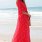 Orange Leafy Print 3/4 Sleeve V Neck Buttoned Split Maxi Dress