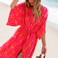 Orange Leafy Print 3/4 Sleeve V Neck Buttoned Split Maxi Dress