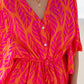 Orange Leafy Print 3/4 Sleeve V Neck Buttoned Split Maxi Dress