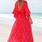 Orange Leafy Print 3/4 Sleeve V Neck Buttoned Split Maxi Dress